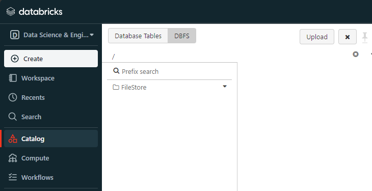 Clicking the Databricks DBFS tab in the data catalog section