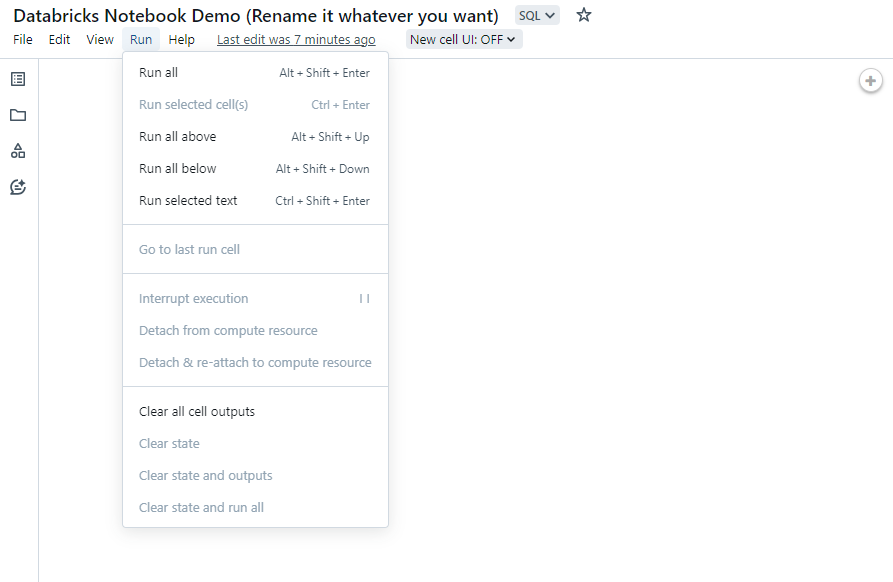 Run menu option - Databricks Notebook