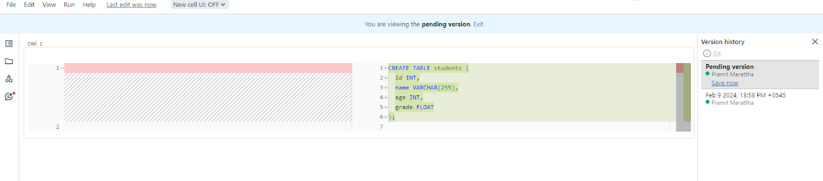 Clicking Last edit message to view previous versions of the Databricks notebook