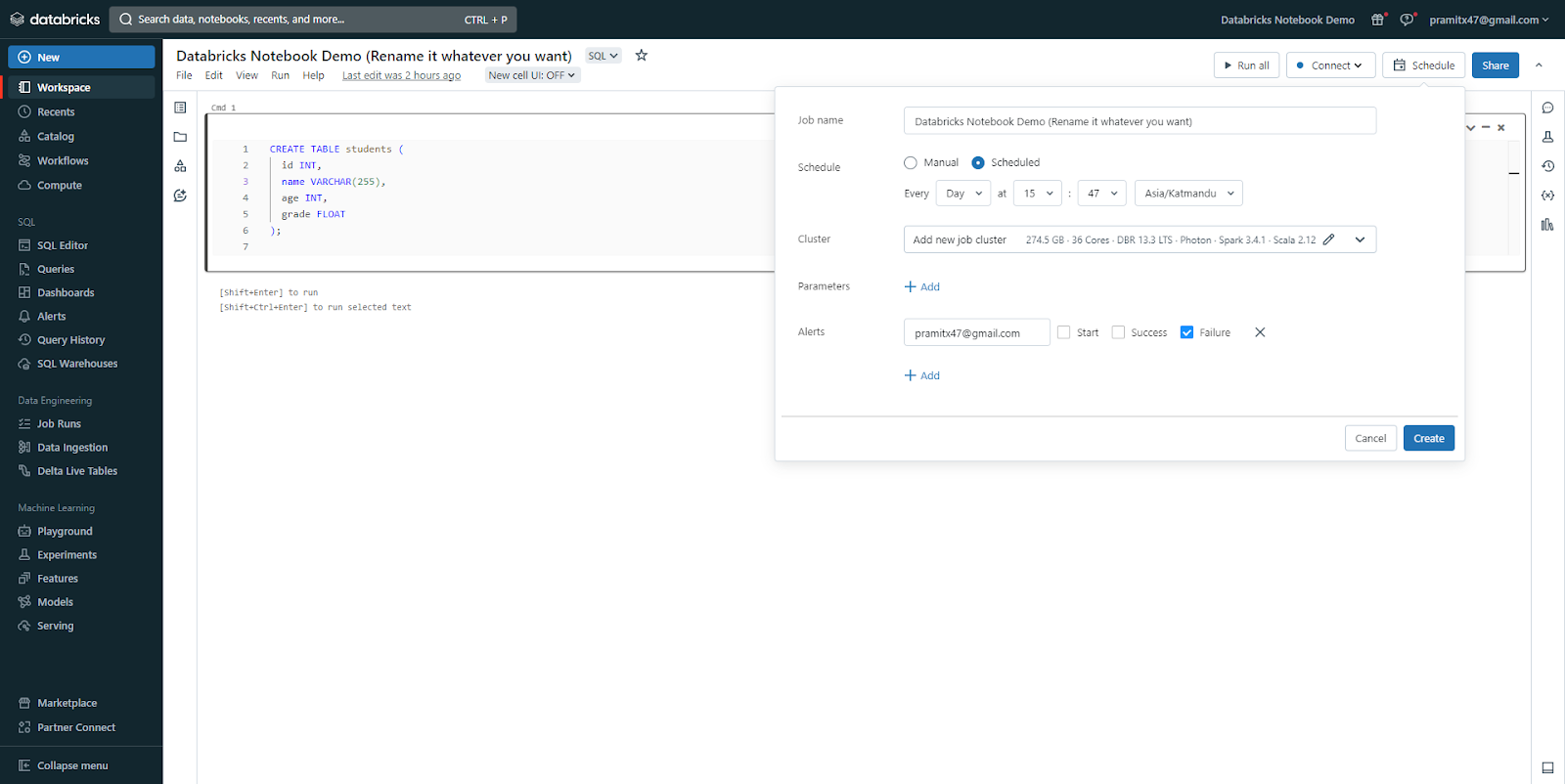 Scheduling Databricks notebook