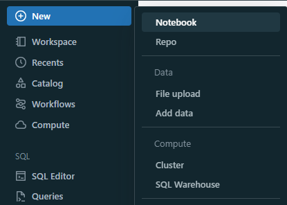 Creating a new Databricks notebook in the Databricks workspace