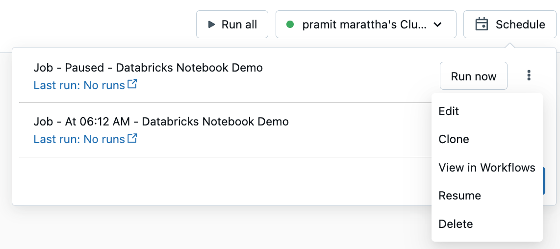 Managing Databricks notebook job manually