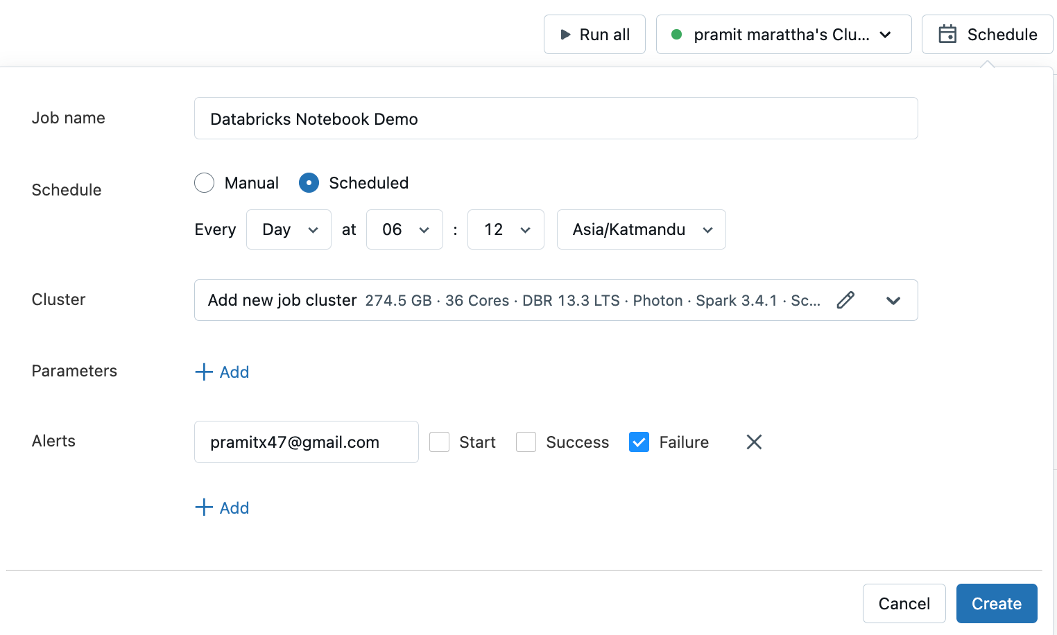 Scheduling Databricks notebook job