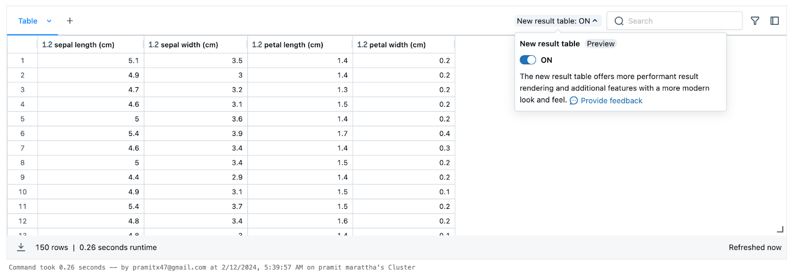 New Cell Result Table - Databricks Notebook