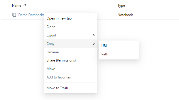 Copying the notebook path or URL - Databricks notebooks