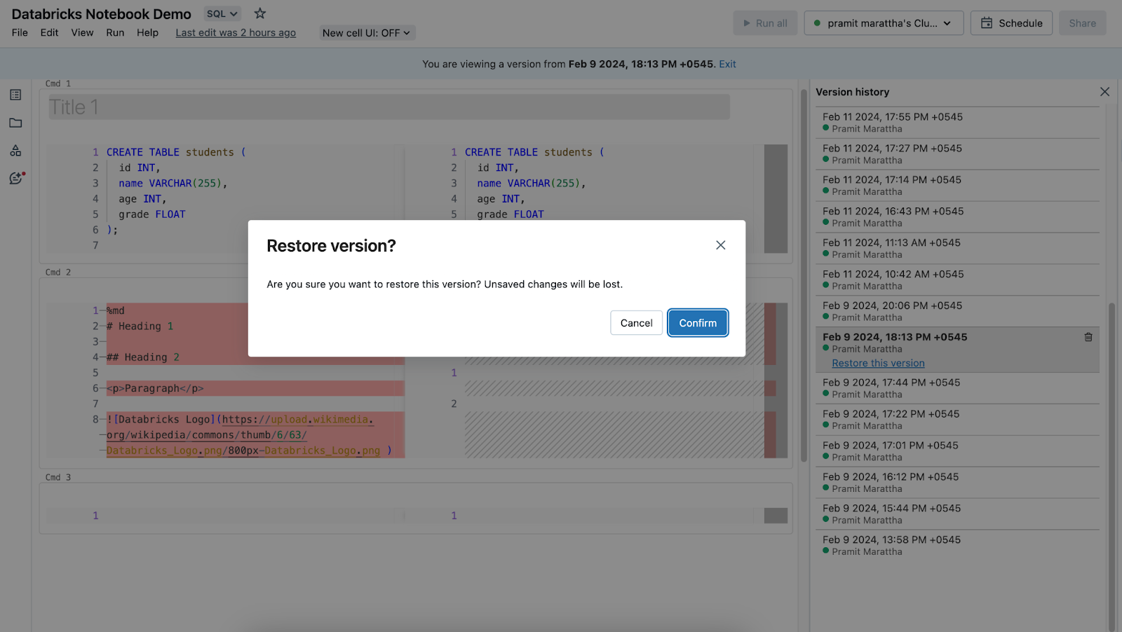 Restoring Version History - Databricks notebook