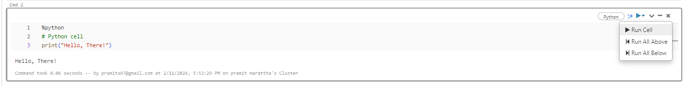 Running code cells and selected code - Databricks Notebook