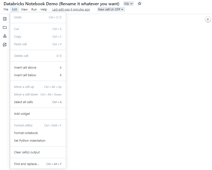 Edit menu option - Databricks Notebook