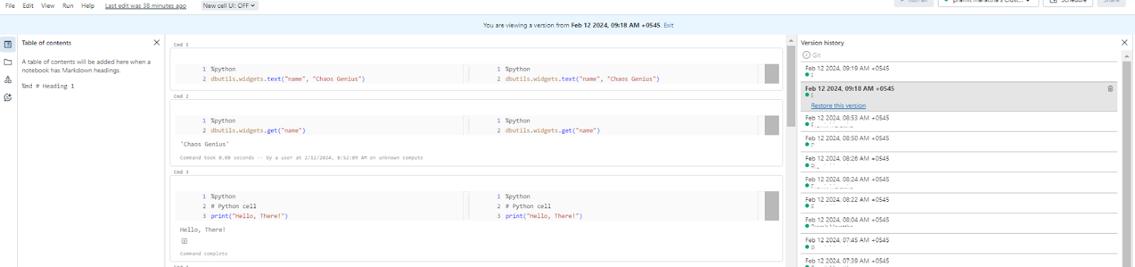 Restoring Previously Saved Revisions - Databricks notebook
