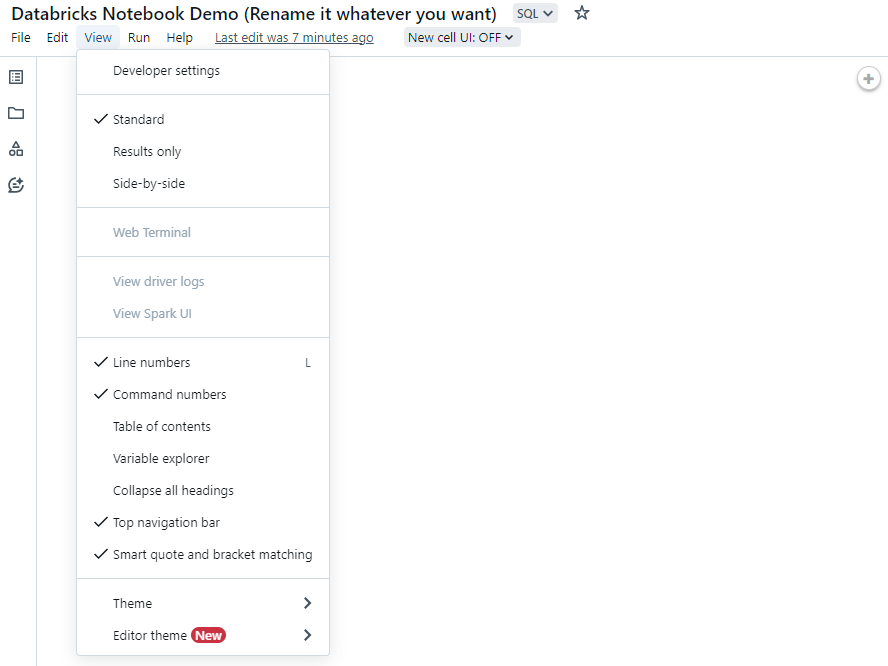 View menu option - Databricks Notebook