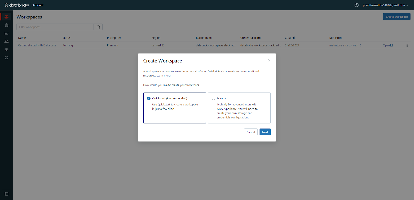 Creating a Databricks workspace and selecting the quickstart deployment option