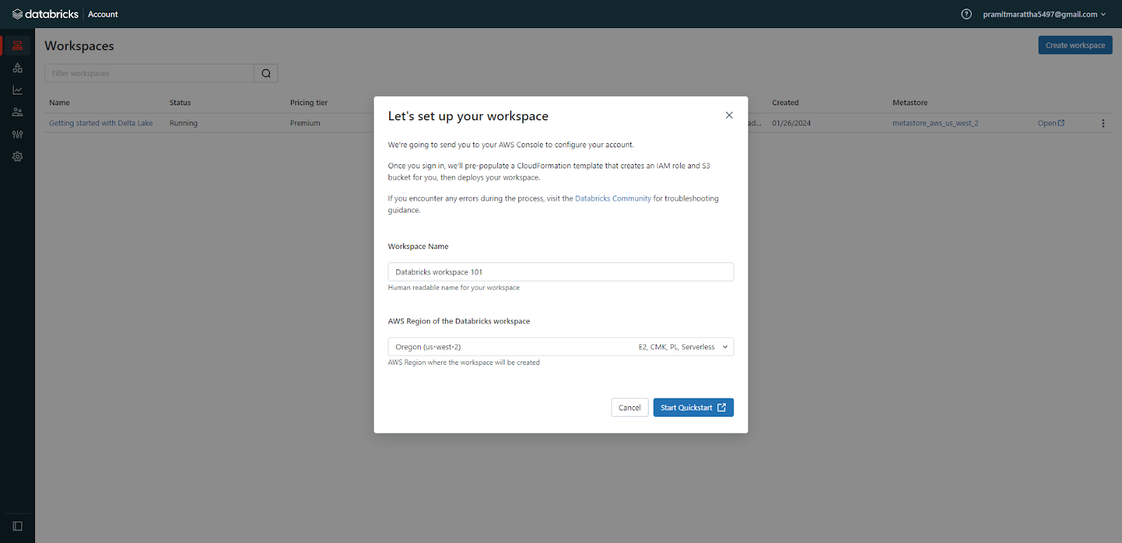 Entering Databricks workspace name and selecting the AWS region
