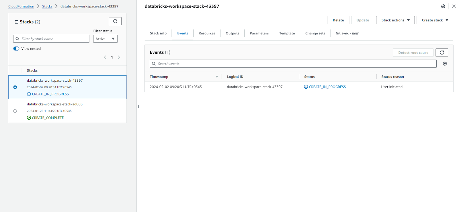 Clicking on "Create Stack" to deploy the CloudFormation template - Databricks workspace