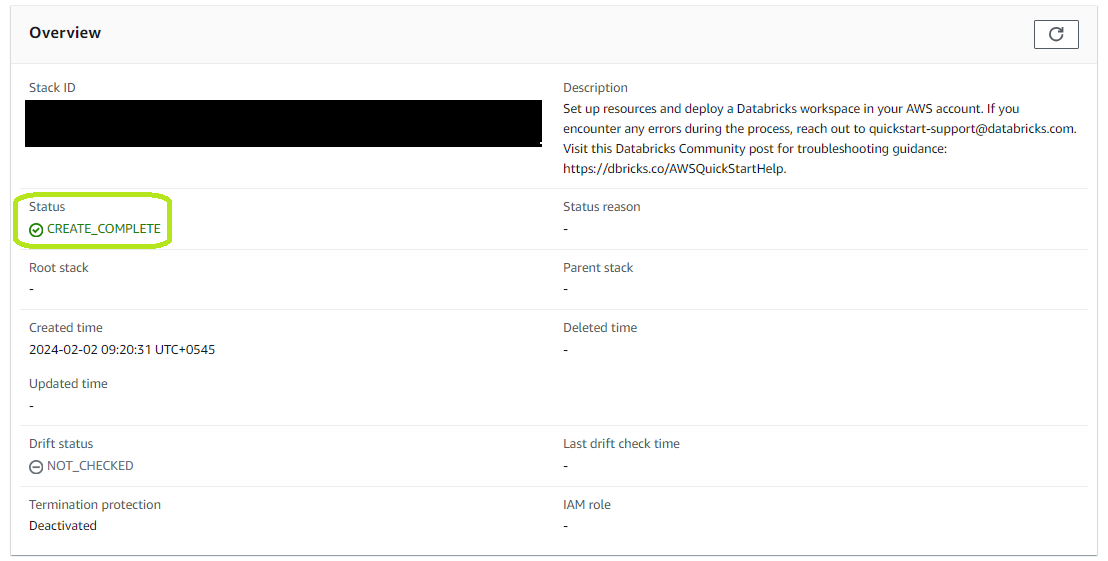 Monitoring until the status shows as "CREATE_COMPLETE" indicating successful deployment of Databricks workspace