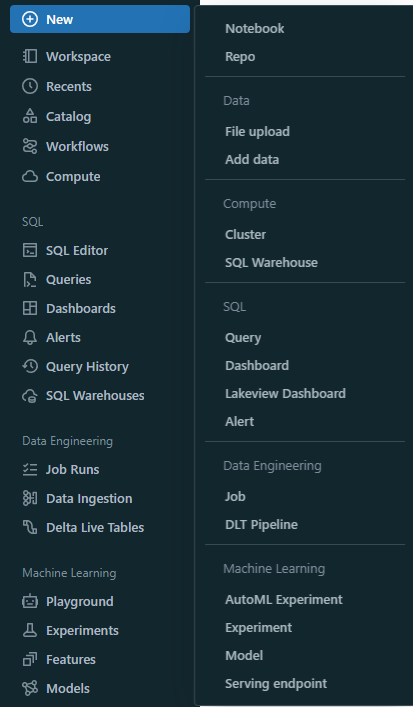 New navigation create sidebar - Databricks workspace