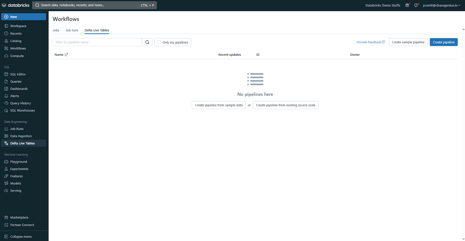 Selecting Databricks Delta Live Table Tab - Databricks Delta Live Table