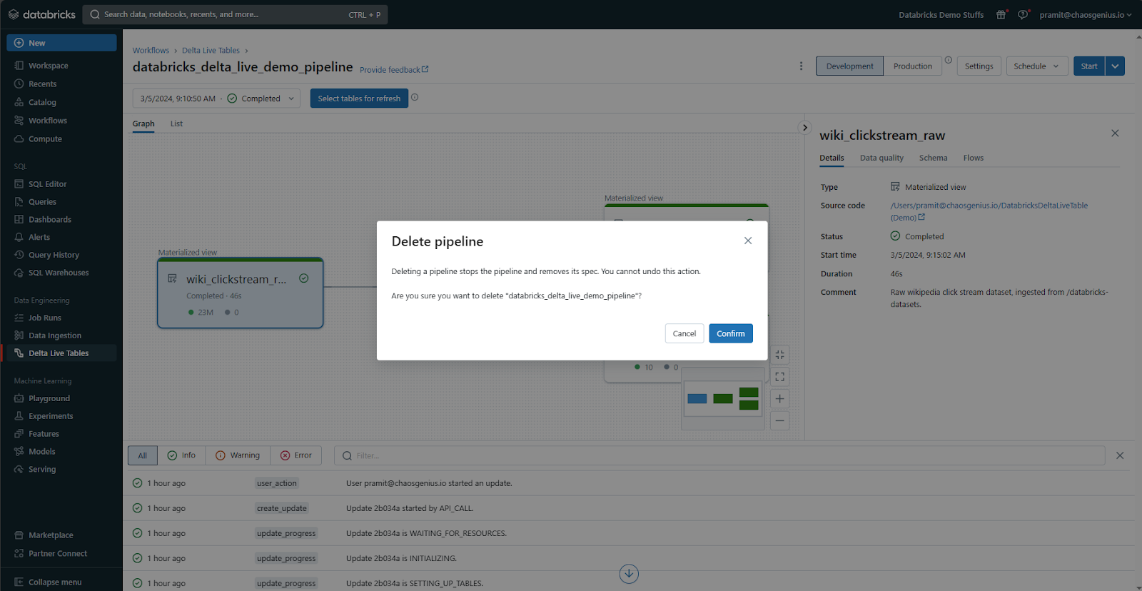 Deleting pipeline - Databricks Delta Live Table