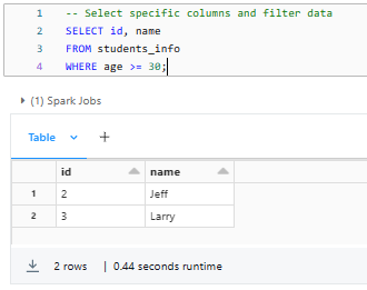 Select specific columns and filter data from students_info Databricks Delta Table