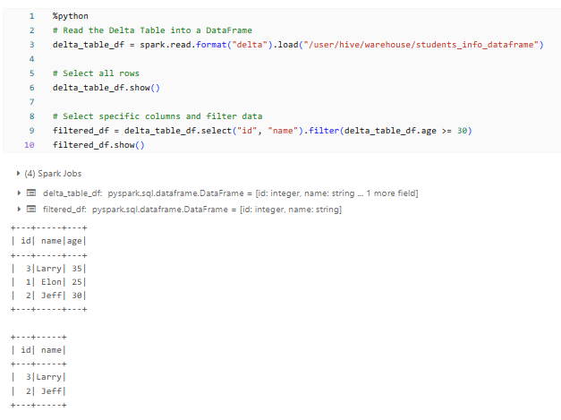 Select columns and filter data from students_info Databricks Delta Table using DataFrame