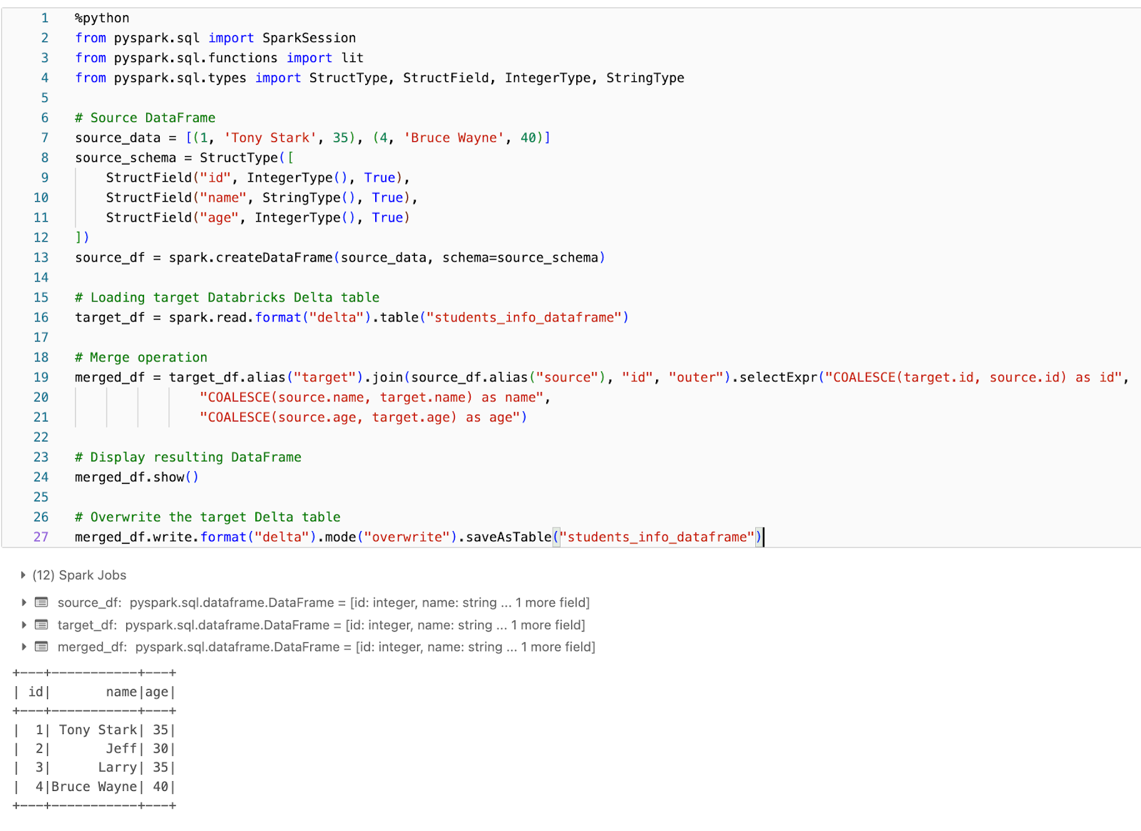 Merging Records in a Delta Table using DataFrame