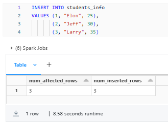 Inserting dummy data into the students_info Databricks delta table