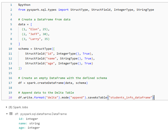 Inserting dummy data into the students_info Databricks delta table using DataFrame