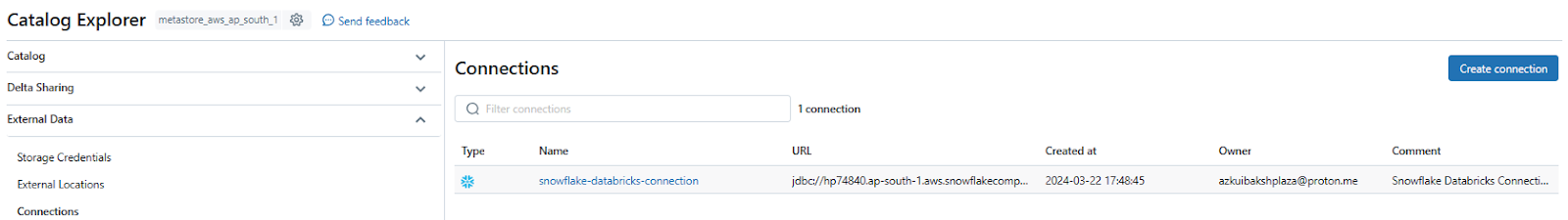 Navigating to Catalog Explorer section and clicking on recently created connection - Databricks Lakehouse Federation