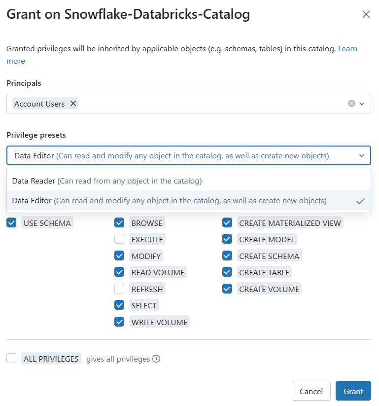 Selecting Permissions tab to manage access control - Databricks Lakehouse Federation