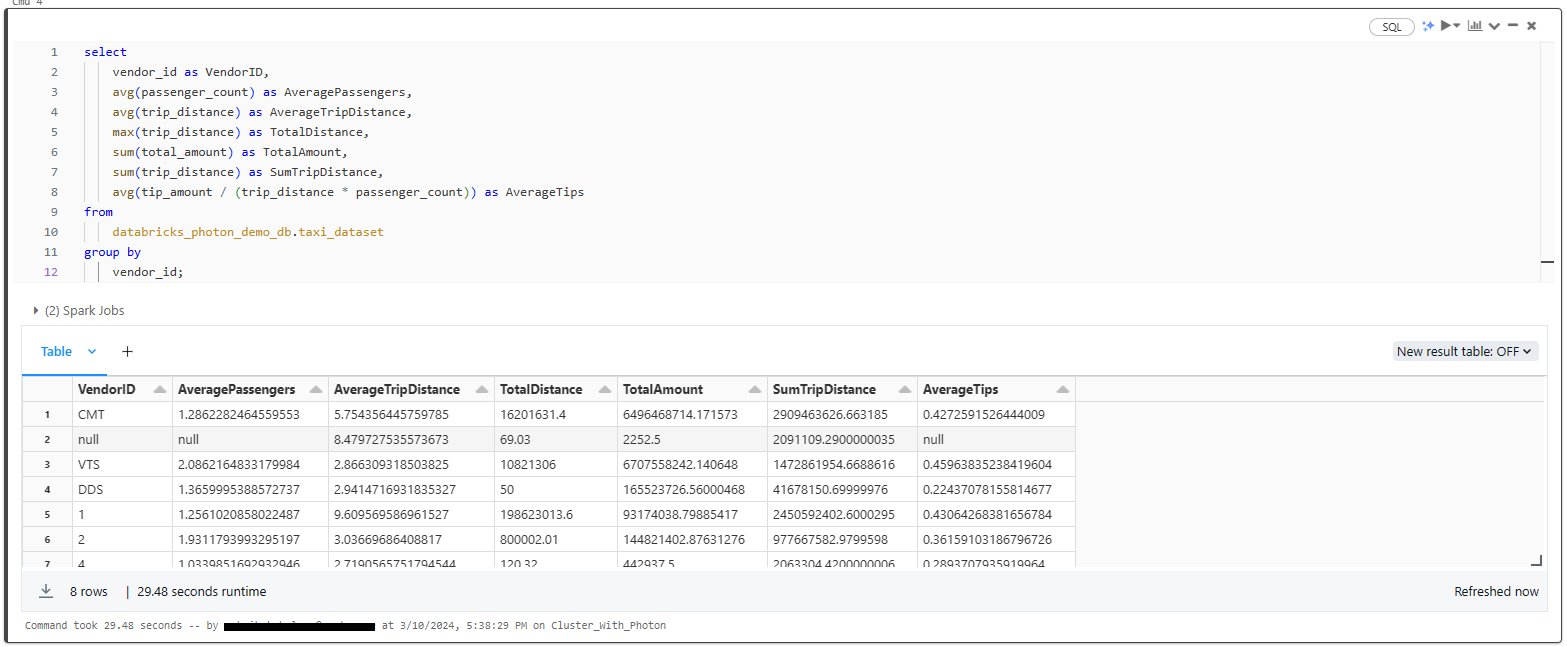 Attaching the Photon enabled cluster and executing the query