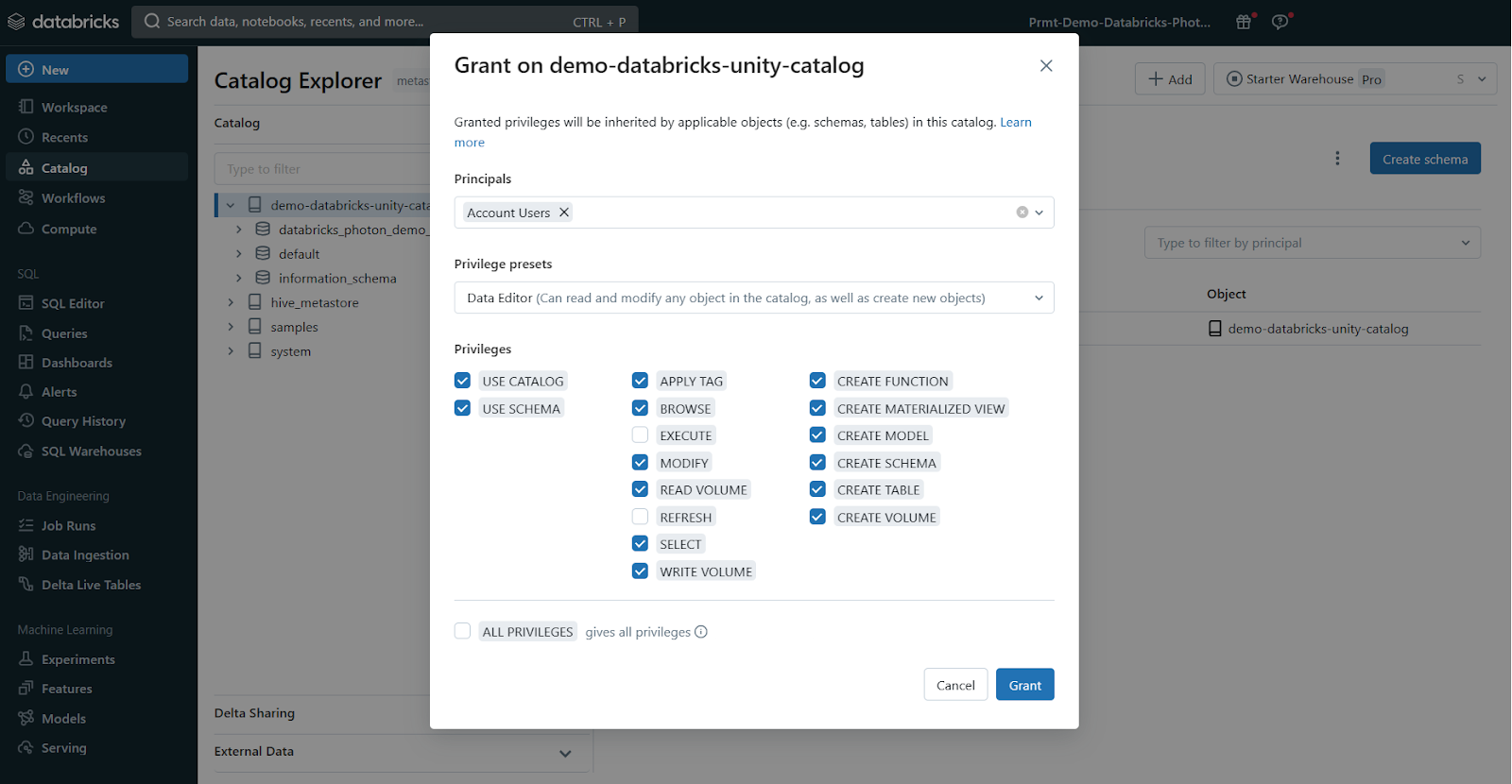 Databricks Unity Catalog Explorer UI