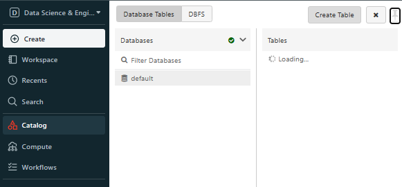Navigating to Databricks catalog tab - Databricks CREATE TABLE