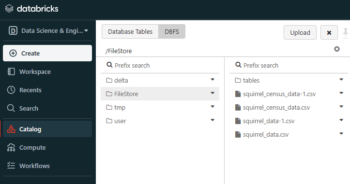 Clicking the Databricks DBFS tab in the data catalog section - Databricks CREATE TABLE