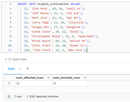 Inserting dummy data into student_information table - Delta Views