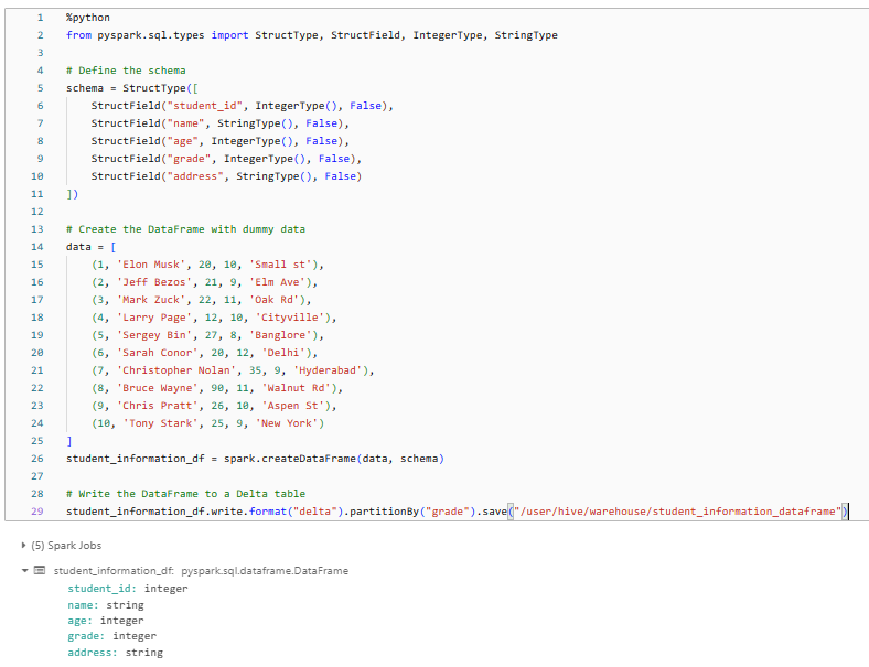 Creating student_information Delta table and inserting dummy data using Spark DataFrame  - Delta Views