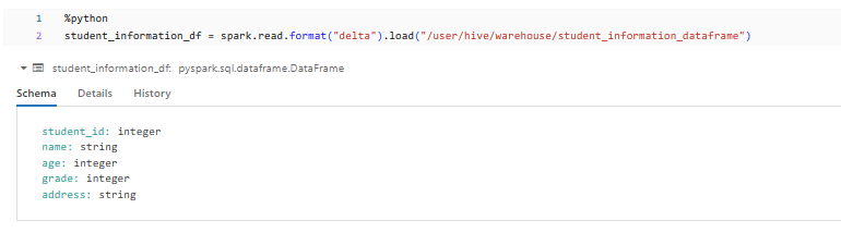 Loading student_information Delta table into DataFrame - Delta View