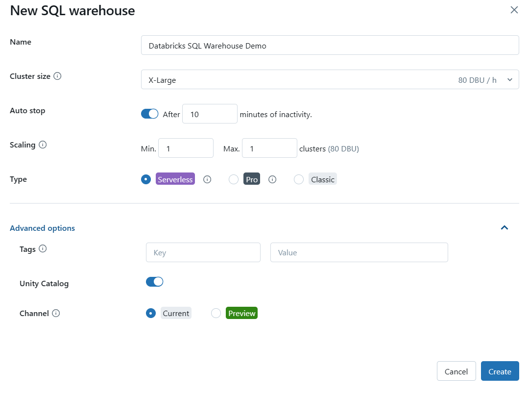 Configure Advanced Options - Databricks SQL warehouse