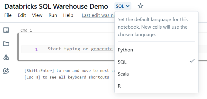 Selecting SQL language - Databricks SQL