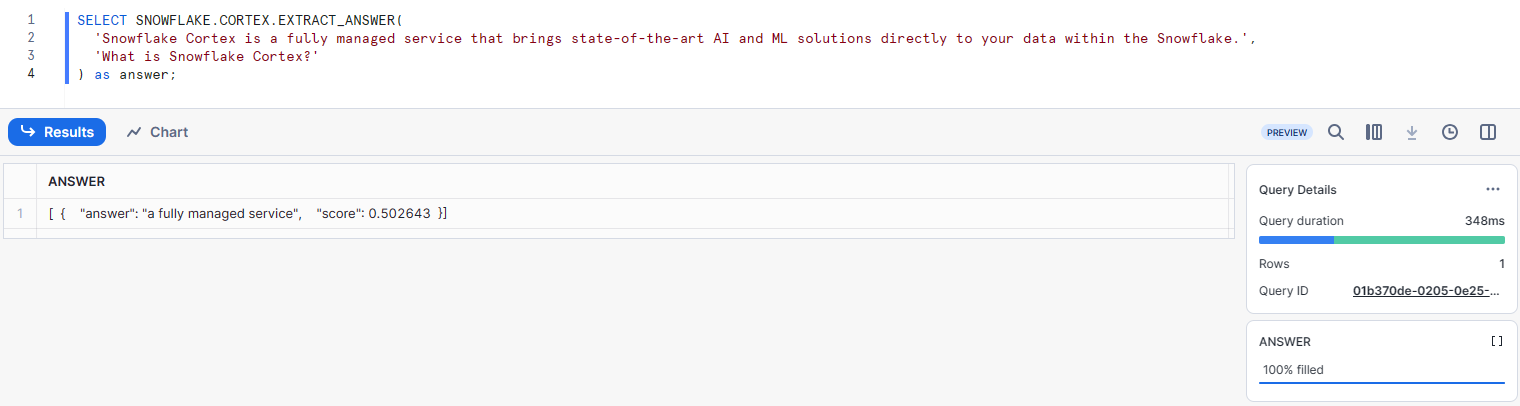 Example of using the EXTRACT_ANSWER function -  Snowflake CORTEX LLM Function