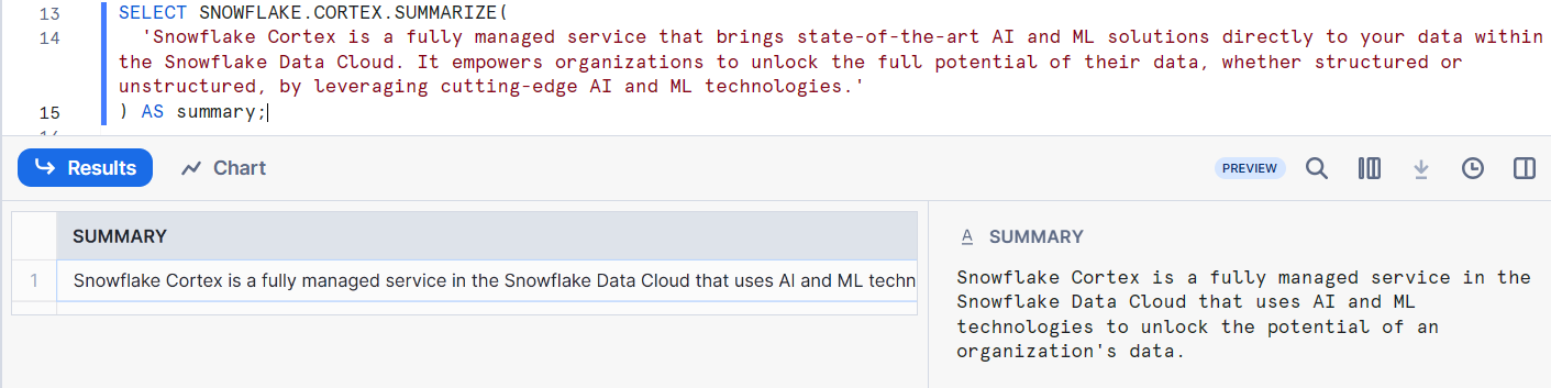Summarizing Text Using Summarize Function  - Snowflake Cortex LLM Function