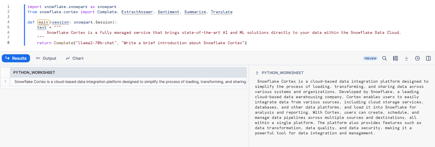 Generate Text Using Complete Function using Python - Snowflake Cortex LLM Function