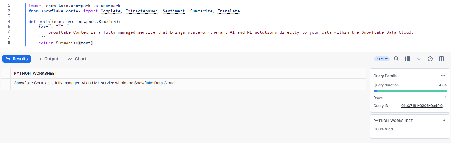 Summarize Text Using Summarize Function using Python - Snowflake Cortex LLM Function