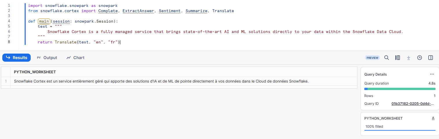 Translating Text Using Translate Function using Python  - Snowflake Cortex LLM Function