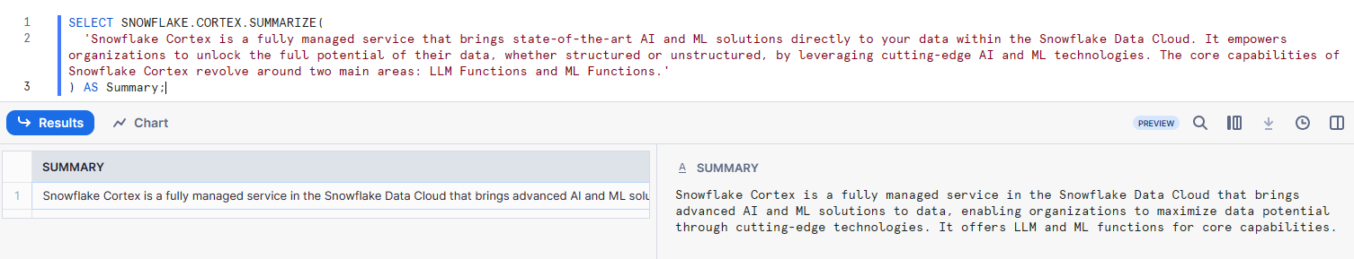 Example of using the SUMMARIZE function -  Snowflake CORTEX LLM Function