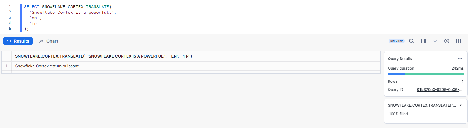 Example of using the TRANSLATE function -  Snowflake CORTEX LLM Function