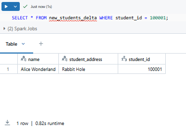 Inserting and verifying data in the new_students_delta Databricks table - Databricks INSERT INTO – Databricks INSERT – Delta Lake – Databricks Delta Lake – Databricks Unity Catalog – Databricks Notebooks – Databricks Clusters – Databricks Runtime – Databricks SQL Warehouse – Databricks Delta Table – Databricks Table – Databricks CREATE TABLE – Databricks OPTIMIZE – Databricks Time Travel – Databricks MERGE INTO – Databricks COPY INTO – DataFrame API – PySpark – Databricks PySpark – Spark SQL – Databricks Spark SQL – Databricks Create Table As Select – Databricks CTAS – Databricks INSERT OVERWRITE – Databricks REPLACE WHERE