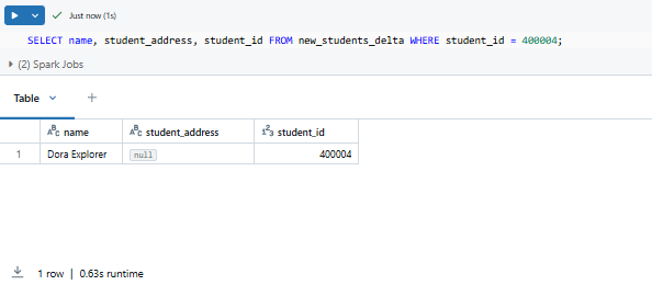 Inserting data with an explicit column list in the new_students_delta Databricks table - Databricks INSERT INTO – Databricks INSERT – Delta Lake – Databricks Delta Lake – Databricks Unity Catalog – Databricks Notebooks – Databricks Clusters – Databricks Runtime – Databricks SQL Warehouse – Databricks Delta Table – Databricks Table – Databricks CREATE TABLE – Databricks OPTIMIZE – Databricks Time Travel – Databricks MERGE INTO – Databricks COPY INTO – DataFrame API – PySpark – Databricks PySpark – Spark SQL – Databricks Spark SQL – Databricks Create Table As Select – Databricks CTAS – Databricks INSERT OVERWRITE – Databricks REPLACE WHERE
