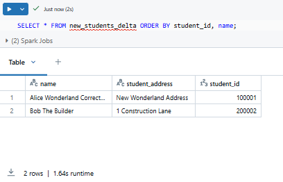 Deleting new_students_delta data, inserting values, and replacing student_id=100001 - Databricks INSERT INTO – Databricks INSERT – Delta Lake – Databricks Delta Lake – Databricks Unity Catalog – Databricks Notebooks – Databricks Clusters – Databricks Runtime – Databricks SQL Warehouse – Databricks Delta Table – Databricks Table – Databricks CREATE TABLE – Databricks OPTIMIZE – Databricks Time Travel – Databricks MERGE INTO – Databricks COPY INTO – DataFrame API – PySpark – Databricks PySpark – Spark SQL – Databricks Spark SQL – Databricks Create Table As Select – Databricks CTAS – Databricks INSERT OVERWRITE – Databricks REPLACE WHERE