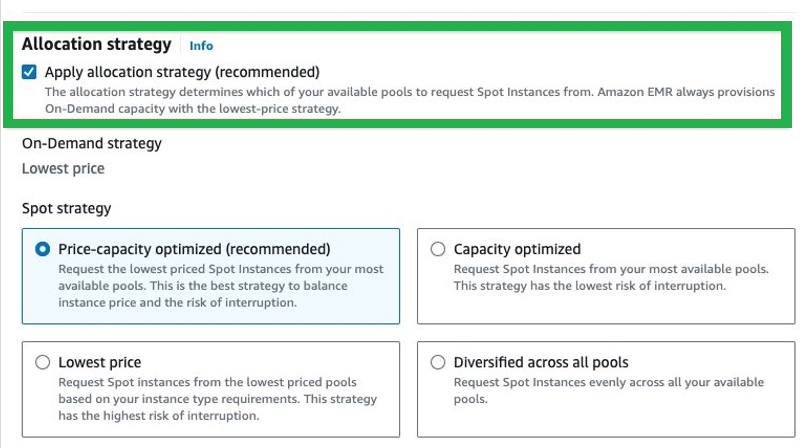 Applying Allocation strategy - EMR Spot Instances – AWS EMR Spot Instances – EMR on EC2 – EC2 Spot Instances – AWS EC2 – EC2 instance – EC2 instance type – AWS S3 – S3 bucket – AWS Step Functions – Step Functions – AWS IAM – IAM Role – IAM Permissions – AWS VPC – AWS EKS – Elastic Kubernetes Service – AWS Spot Instances – AWS Subnets – EMR Serverless – AWS EMR Serverless – EMR Cluster – EMR on EKS – EMR Instance Types – EMR Instance Fleets – AWS EMR Create Cluster – EMR Create Cluster – EMR Instance Group – EMR Nodes – EMR Master Node – Core Node – Task Node