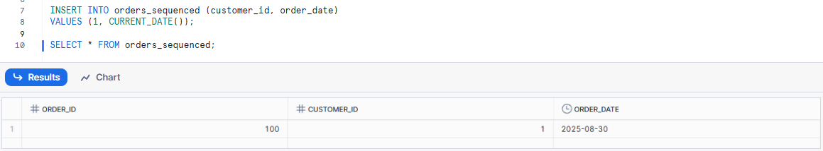 Inserting data, letting the sequence generate order_id - Snowflake INSERT INTO