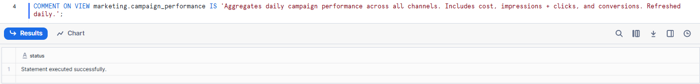 Adding a Comment to a View Using Snowflake COMMENT